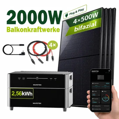Produktbild von Balkonkraftwerk 2000W MARSTEK Venus D All-in-One Plug-in Batterie 2,56 kWh Zusatzakku mit 4×500W bifazialen Solarmodulen PV Solaranlage Solarspeicher