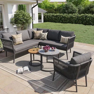 Image de Ensemble de salon de jardin en rotin Flieks 6 pièces, ensemble de meubles de balcon pour 5-6 personnes, ensemble de meubles de jardin avec 2 tables de jardin, ensemble de jardin avec canapé d'angle et chaise, gris