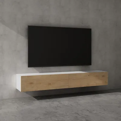 Image de doporro Meuble TV Bas 200x40,2x30cm Armoire TV Blanc Mat + Marron Clair Table de Télévision Salon avec Portes Meuble TV Suspendu MBTV02