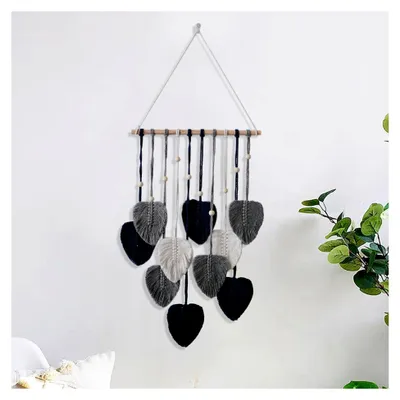 Produktbild von Makramee Wandbehang Handgefertigte Boho Wanddeko Wandteppich, Gewebter Makramee Wandteppich mit Holzperlen und Blättern für Wohnzimmer, Schlafzimmer, Hochzeit, Urlaubsdekoration (Grau)