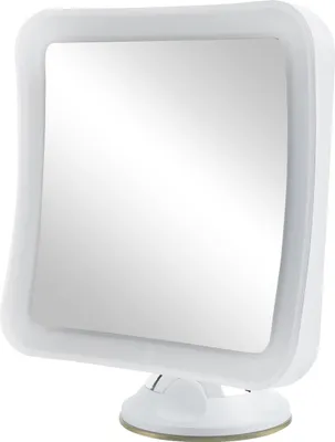 A white cosmetic mirror with LED lighting and a suction cup base is shown against a white background.