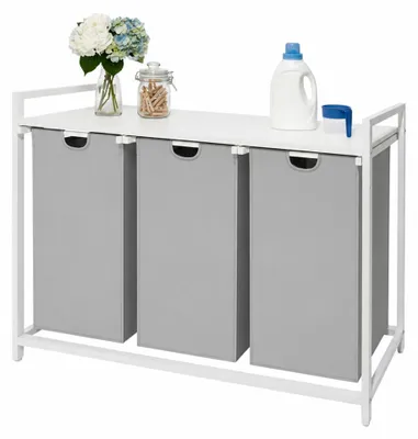 Produktbild von Relaxdays Wäschesammler mit 3 Wäschesäcke, 150 L, Holzoptik Ablage, HBT: 73,5 x 109,5 x 33 cm, Wäschekorb, grau/weiß
