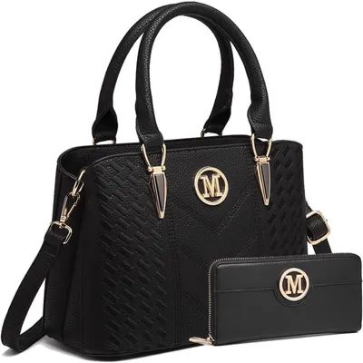 Immagine prodotto di Borsa a tracolla media da donna, elegante, in ecopelle nera, con manico e portafoglio abbinato