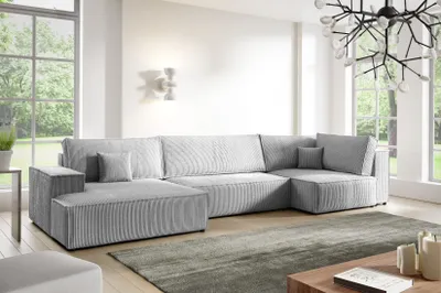 Produktbild von Ecksofas in U-Form ANTONIO NEW XL 397x148cm, Wohnlandschaft mit Schlaffunktion & Bettkästen, Eckarniutur / Bezug - Cord in Hellgrau
