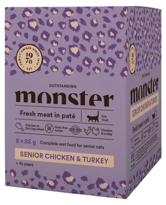 Produktbild von Monster Cat Pouches Senior 8x85g Vollwertiges Nassfutter im Beutel für ältere Katzen mit Huhn und Pute