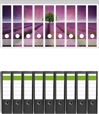 Produktbild von Wallario 9 Stück breite Ordner inkl. Klebeetiketten mit Motive Lila Blumenfeld -  Set mit Rückenschildern / Ordnerrücken Stickern