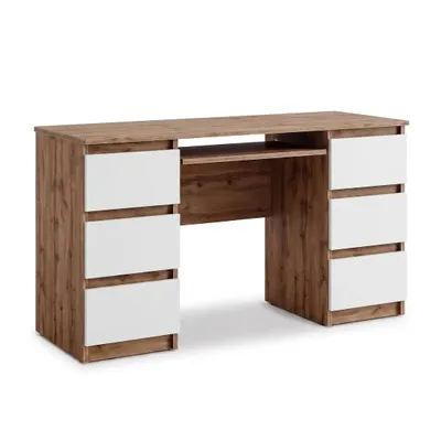 Produktbild von Cuba – Schreibtisch Mit 6 Schubladen Und Tastaturauszug 130 Cm – Wotan Eiche / Weiss Matt