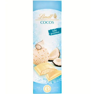 A product shot of Lindt Cocos white chocolate packaging, featuring an illustration of ice cream and coconut pieces.