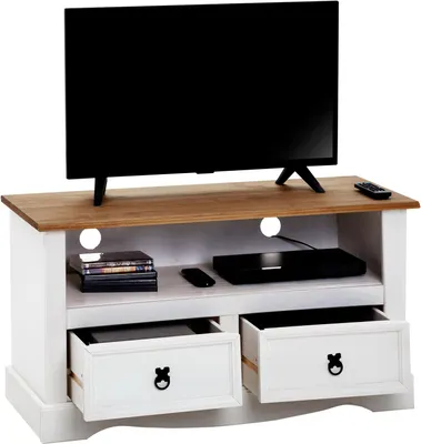 Produktbild von TV Lowboard CAMPO 100cm Fernsehtisch Mexiko Stil Kiefer massiv, 2 Schubladen, 1 offenes Fach braun/weiß