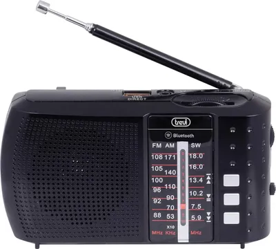 A black portable radio with an extended antenna, displayed against a white background.