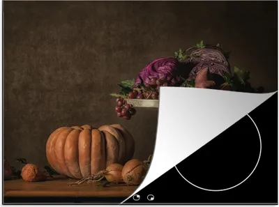 Produktbild von KitchenYeah© Herdabdeckplatte Stilleben - Malerei - Weintrauben - Kürbis - Obst , 70x52cm, Küche Deko, Glaskeramikkochfeld Herdabdeckung, Abdeckplatte fùr Kochfeld