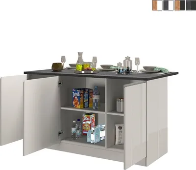 Produktbild von Kücheninsel 3 Türen für moderne Küche 155x90x90cm mit Tisch Deaton - Weiß - Grau
