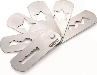 A set of metal cookie cutters with different shapes, hinged together.