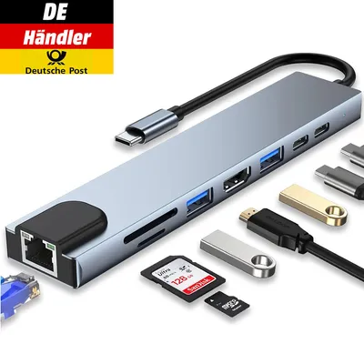 Produktbild von USB-C Hub 8-IN-1 Adapter 4K HDMI USB 3.0 LAN RJ45 Ethernet Micro SD Kartenleser