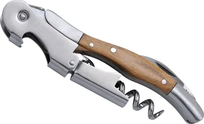 A corkscrew with a wooden handle and a metal lever.