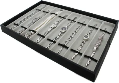 Produktbild von Vorlagebrett Schmucklade Schaukasten für Ketten Uhren Armbänder mit Gummibänder grau