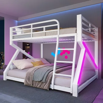 Produktbild von Etagenbett 140x200 cm oben und 160x200 cm unten, Metallbett mit LED-Lichtleiste, Sicherheitsgeländer und Leiter, Eisenrahmen, Weiß