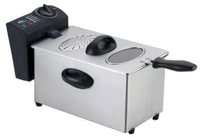 A stainless steel deep fryer with a black control panel and handles, shown from a slightly elevated side angle against a white background.