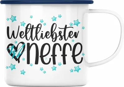 Produktbild von Trendation - Neffe Emaille Tasse Geschenk von Tante Onkel Emaille Emaille Tasse Geschenkidee Weltliebster Neffe (Blau)