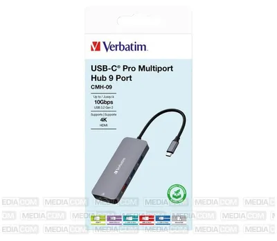 Produktbild von Verbatim CMH-09, USB Typ-C, HDMI, RJ-45, USB 3.2 Gen 1 (3.1 Gen 1) Type-A, USB 3.2 Gen 2 (3.1 Gen 2) Type-A, USB 3.2 Gen 2..., MicroSD (TransFlash), SD, 10000 Mbit/s, 60 Hz, Silber