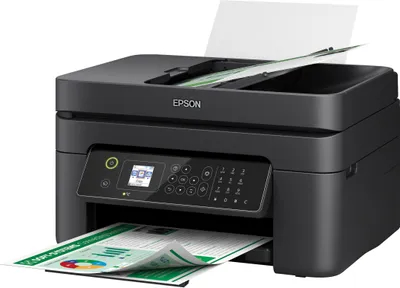 A black Epson WorkForce WF2840DWF printer is shown from a slightly elevated front-left angle, with paper in the input and output trays.