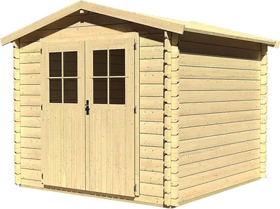A wooden garden shed with double doors and windows.