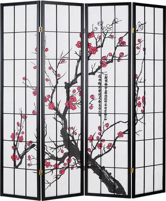Image de Paravent Séparateur de pièce 4 parties, bois noir, papier de riz blanc, motif cerise, hauteur 179 cm