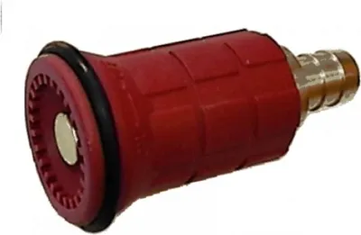 A red nozzle with a silver metal fitting, isolated on a white background.