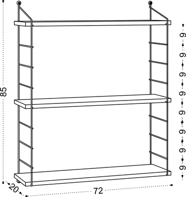 A line drawing of a three-tiered wall shelf with dimensions indicated.