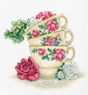 Productafbeelding van RTO Kruissteekset "Thee kopje met rozenblaadjes" m622, telpatroon, 20,5x20 cm