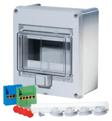 Productafbeelding van F-tronic verdeeldoos voor vochtige ruimtes, model KV06WDKE, IP55, 1 rij, 6 TE, voor wandmontage, afmetingen 180x160x90mm, 1 stuk.