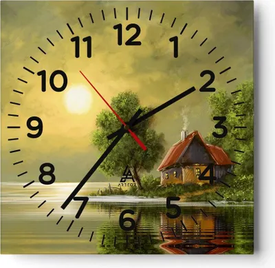 Produktbild von Wanduhr - Quadrat - Glasuhr - Boot Wasser Hütte - 30x30cm - Schleichendes Uhrwerk - Lautlos - zum Aufhängen bereit - Dekoration Modern - Wanddekoration aus Glas - C4AC30x30-3498