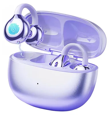 A pair of purple and silver wireless earbuds with their charging case open.