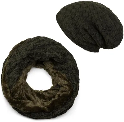 Produktbild von styleBREAKER Strick Loop Schal und Beanie Mütze Set mit Flecht Muster, Fleece Innenfutter, Winter, Uni 01018211
