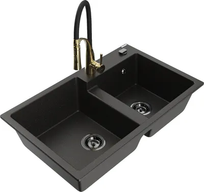 Produktbild von Mexen Tomas 2-Becken-Granitspüle mit Mischbatterie Aster, Schwarz/Gold metallisch - 6516-75-73450-57-B