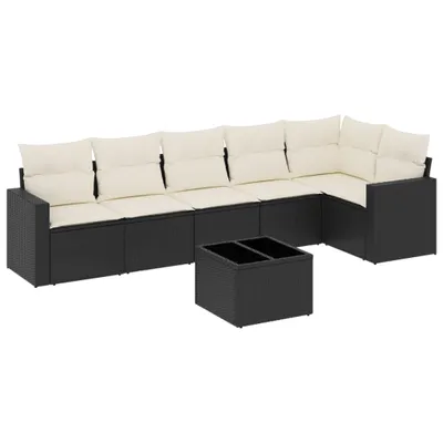 Produktbild von Modulares 7-tlg. Garten-Lounge-Set, Poly Rattan Schwarz, mit cremeweißen Kissen, Hartglas-Tischplatte, UV-beständig