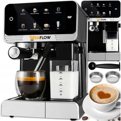 A product shot of an automatic espresso machine with accessories.