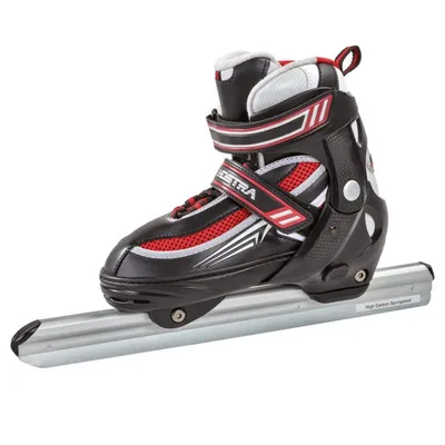 A single ice skate with a long blade, shown from a side-diagonal angle against a white background.