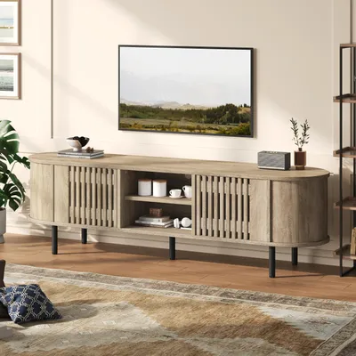 Image de Meuble TV Fortuna Lai 160*40*47 cm, meuble bas avec 2 armoires, meuble de salon avec design en bois ajouré, table TV en bois naturel, meuble TV, support TV avec 5 pieds, adapté aux téléviseurs 65 pouces
