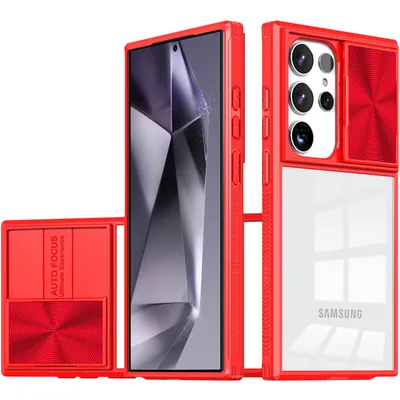 Immagine prodotto di Custodia per Samsung Galaxy S24 Ultra Hybrid Custodia paraurti in TPU trasparente con copertura fotocamera scorrevole rossa