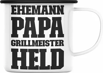 Produktbild von Trendation - Ehemann Papa Grillen Geschenk Emaille Tasse Held Sommer Emaille Emaille Tasse Becher Vatertag Geschenkidee (Schwarz)