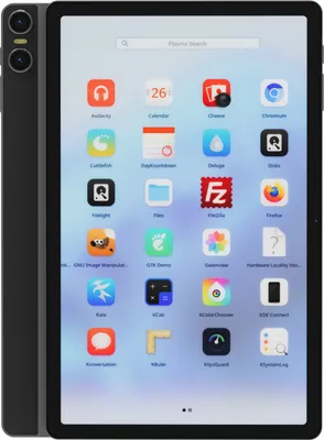 A tablet displaying a grid of application icons, with a search bar at the top.