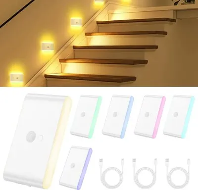 Obrázek produktu pro LED noční světlo senzor pohybu, balení 6 dobíjecí schodišťové světlo, 5 barev senzor chodba děti 3 režimy (auto/zapnutí/vypnutí) schody, ložnice, chodba, F