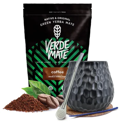 Produktbild von Verde Mate - Mate Tee Starter Set Coffee Tostada Geröstet 500g - Yerba Mate  Dicke Blätter 5mm - Keramik Becher Dunkel 400ml, Bombilla Mercedes