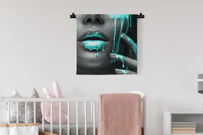 Produktbild von MuchoWow® Wandteppich Wandbehang Lippen - Blau - Schwarz 60x60 cm Tapisserie Dekoration Wandtuch - Dekorationen - Wand Decke