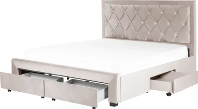 Produktbild von BELIANI Polsterbett Beige Samtstoff 4 Schubladen Lattenrost 180 x 200 cm mit Hohem Kopfteil im Chesterfield Stil Knopfheftung Glamourös Schlafzimmer