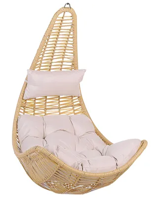 A hanging basket chair with cushions, isolated on a white background.