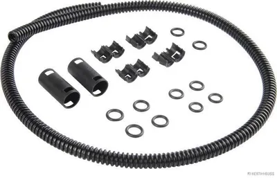 A set of automotive repair parts, including a flexible black corrugated tube, several black plastic clips, two black plastic connectors, and several small black O-rings, laid out on a white background.
