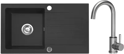 Produktbild von VBChome Granitspüle 76 x 44 cm Schwarz mit Armatur Einzelbecken Einbauspüle Reversibel Gesprenkelt Pflegeleichtes Spülbecken mit Siphon