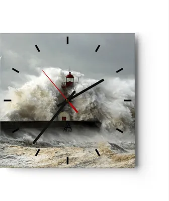 Produktbild von Wanduhr - Quadrat - Glasuhr - Leuchtturm Ozean Sturm - 30x30cm - Schleichendes Uhrwerk - Lautlos - zum Aufhängen bereit - Dekoration Modern - Wanddekoration aus Glas - C3AC30x30-2442
